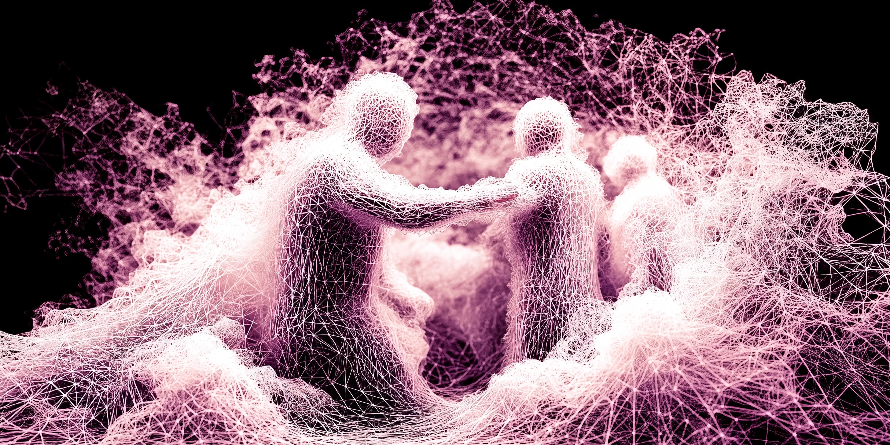 A violet soft amourphous vector grid, covering human shapes in the center. The soft grid represents the empathic moloch.