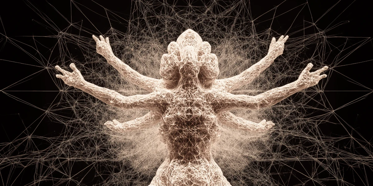 A white amorphous polygon grid in a dark room. Emerging from the grid is a humanoid form with six open welcoming arms facing the viewer.