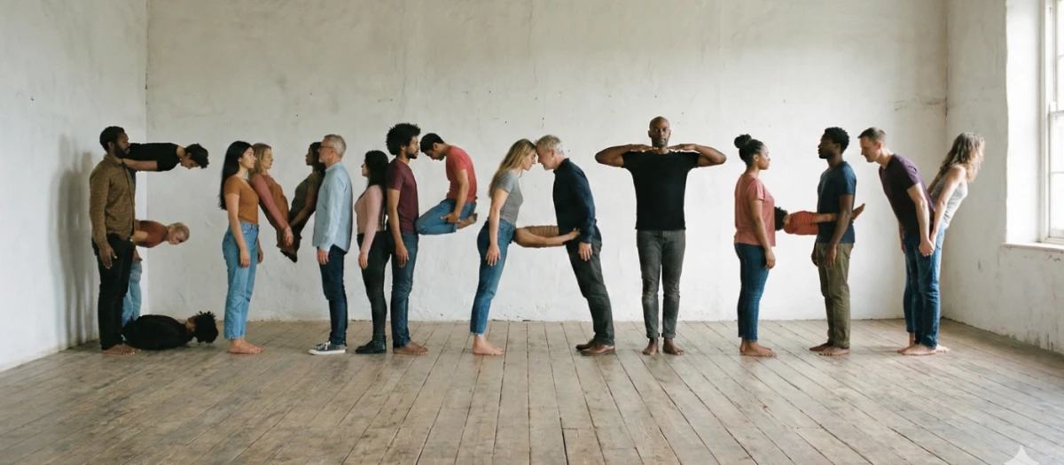 A light room without furniture. The word "empathy" is formed with humans and human parts. No gore, bust AI slop.