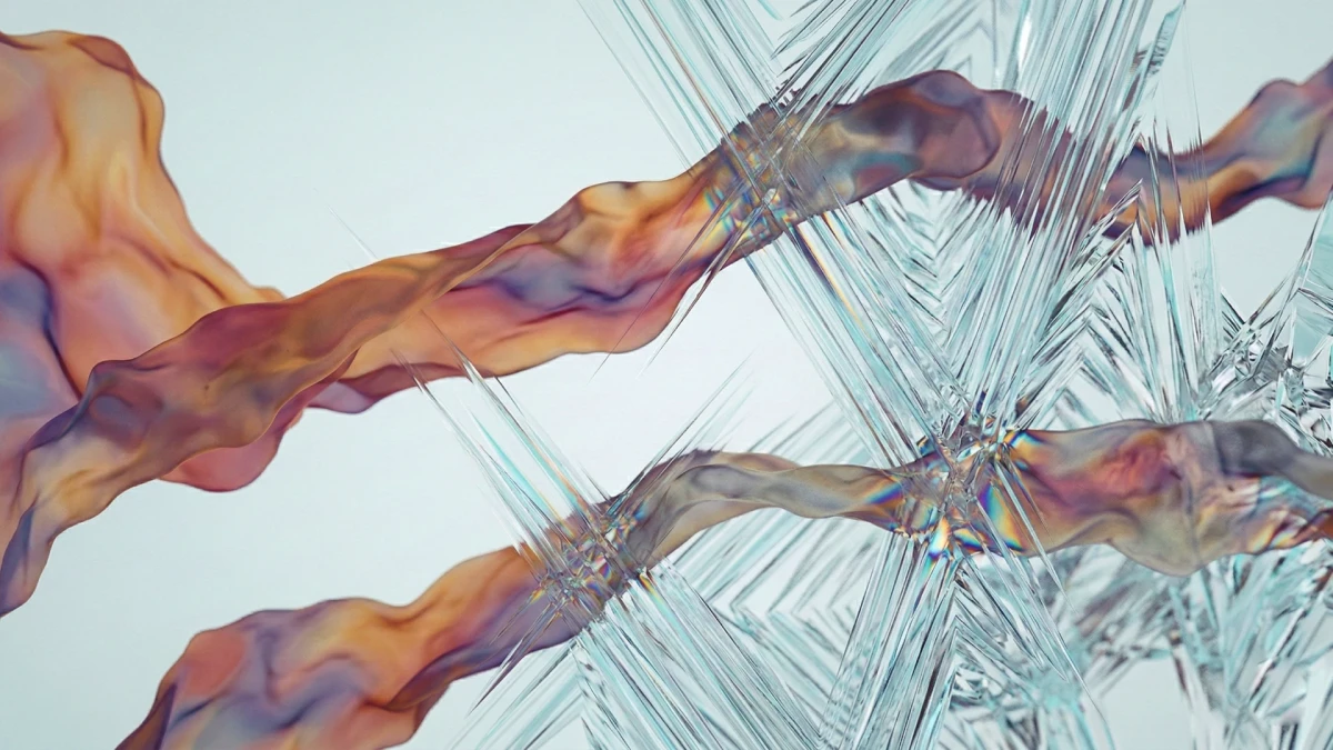 Abstract illustration. Two wobbly textile stream crossing from left to right, intercepted by sharp airy crystal structures.